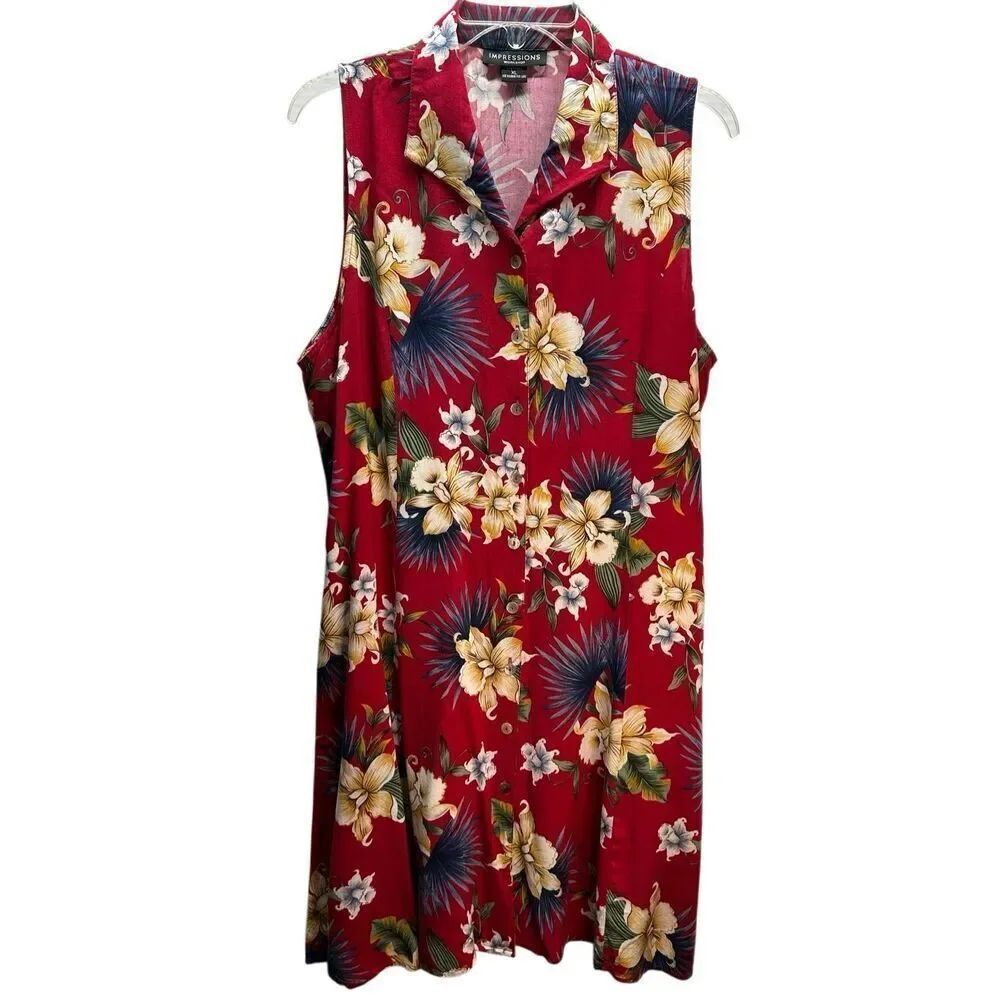 Impressions Size XL Red Hawaiin Floral Rayon Sleeveless Button Front Midi Dress